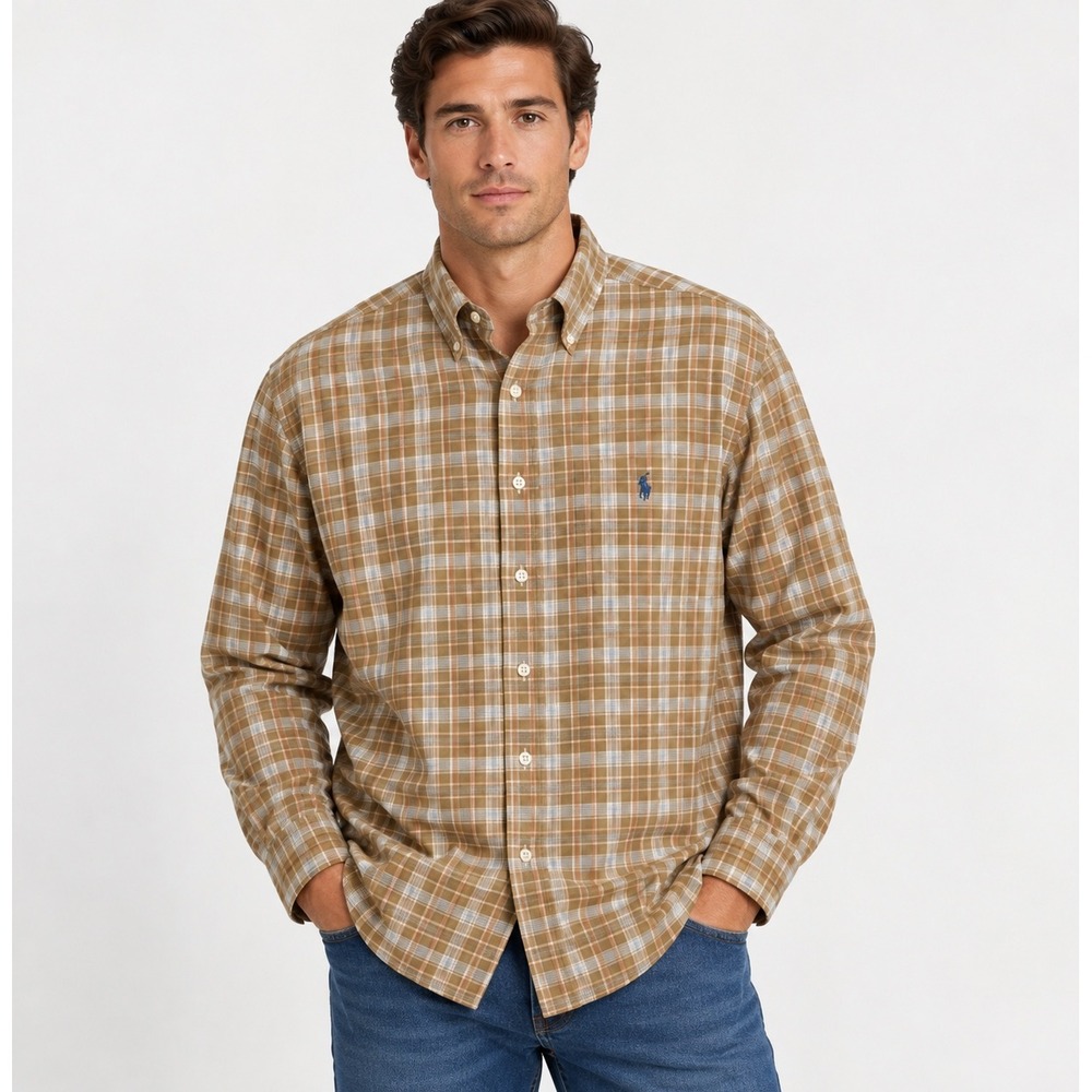 Ralph Lauren Blaire Mens XXL Brown Plaid Cotton Button Down Shirt Long Sleeve